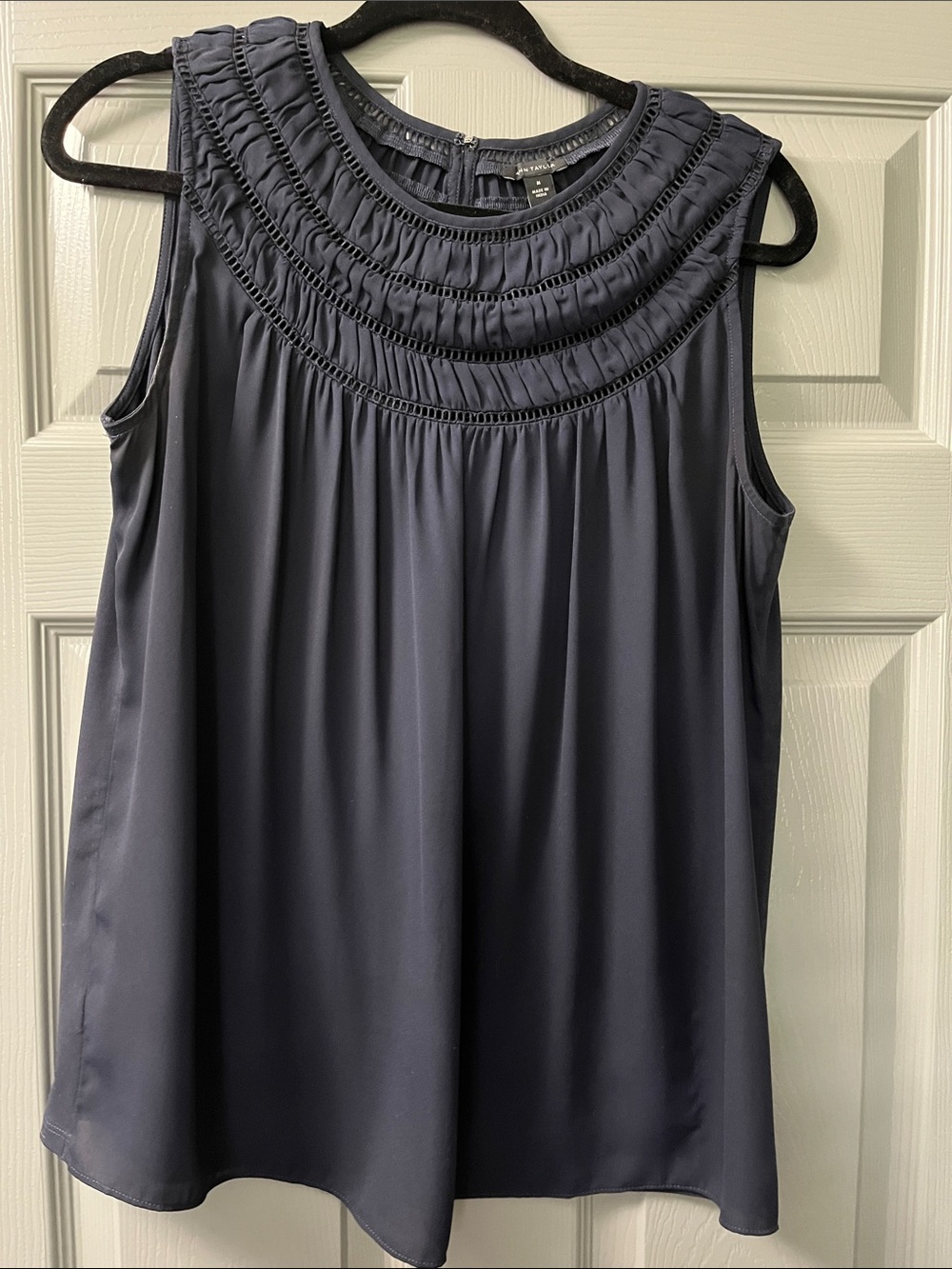 Ann Taylor Navy Pleated Yoke Sleeveless top